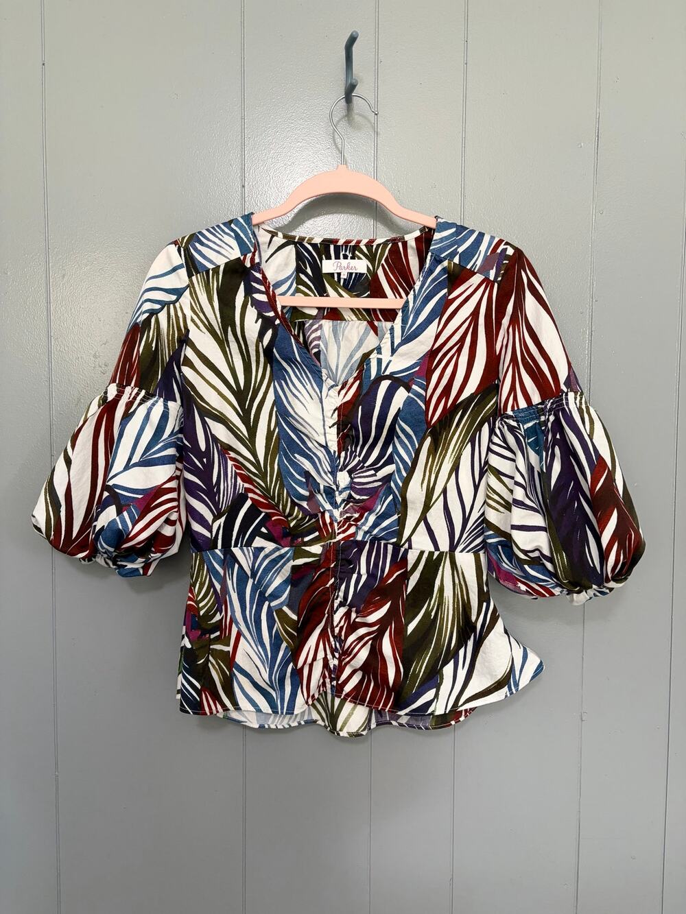 Parker Blue Green Palm Leaf Print Cotton Ruched Puff Sleeve Tropical Top M
